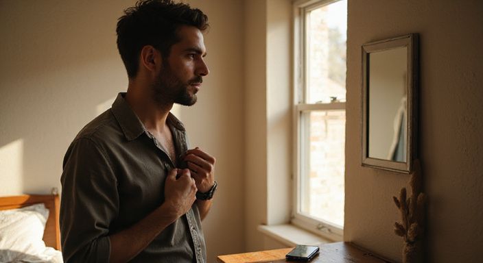 Een persoon in een slaapkamer is geconcentreerd naar hun spiegelreflectie aan het kijken. Een persoon in een slaapkamer is geconcentreerd naar hun spiegelreflectie aan het kijken.