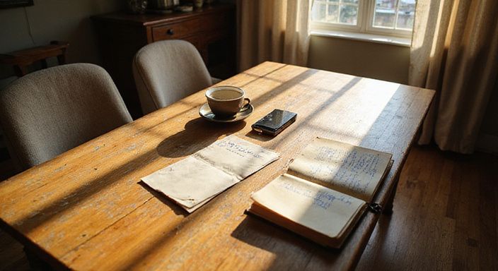 Een versleten tafel met persoonlijke voorwerpen die menselijke communicatie weerspiegelt. Een versleten tafel met persoonlijke voorwerpen die menselijke communicatie weerspiegelt.
