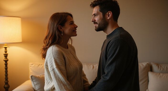 Een man en vrouw lachen samen in een sfeervol appartement