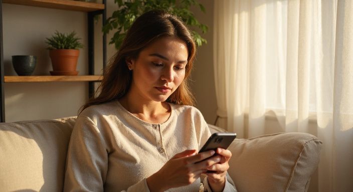 Een vrouw in haar dertiger jaren kijkt geconcentreerd naar haar telefoon. Een vrouw in haar dertiger jaren kijkt geconcentreerd naar haar telefoon.