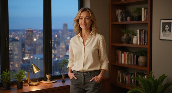 Een vrouw in haar vijftiger jaren staat ontspannen in een moderne woonkamer. Een vrouw in haar vijftiger jaren staat ontspannen in een moderne woonkamer.