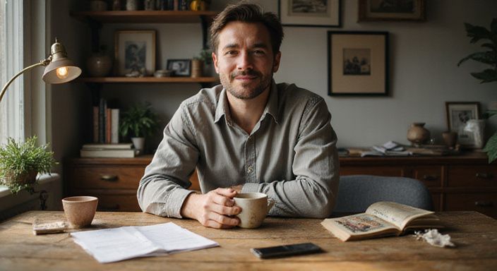 Een ontspannen persoon drinkt koffie aan een houten bureau. Een ontspannen persoon drinkt koffie aan een houten bureau en wil een milf versieren.