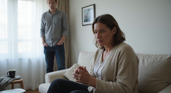 Twee mensen zitten dichtbij, maar hun lichaamstaal laat onuitgesproken spanning zien. Twee mensen zitten dichtbij, maar hun lichaamstaal laat onuitgesproken spanning zien.