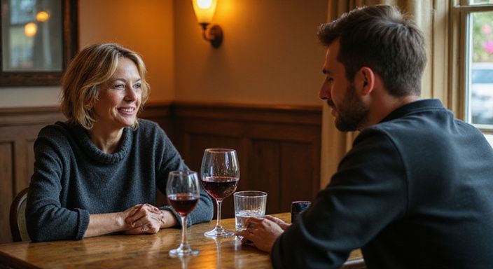 Een vrouw en man in een gezellige wijnbar met authentieke verbinding. Een vrouw en man in een gezellige wijnbar met authentieke verbinding.