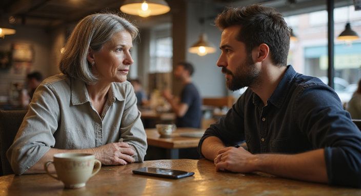 Een vrouw en een man delen een intense conversatie in een café. Een vrouw en een man delen een intense conversatie over een milf versieren in een café.