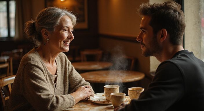 Twee personen delen een intiem gesprek in een café. Twee personen delen een intiem gesprek over een milf versieren in een café.