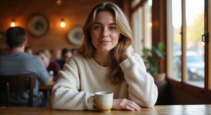Een vrouw geniet van een rustige, gelukkige moment in een café. Een vrouw geniet van een rustige, gelukkige moment in een café.