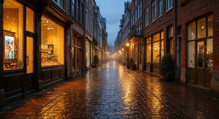Een rustige, natte straat in het historische centrum van Amsterdam. Een rustige, natte straat in het historische centrum van Amsterdam.