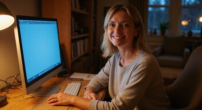 Een vrouw met een ontspannen houding tijdens een video-oproep. Een vrouw met een ontspannen houding tijdens een video-oproep voor sexchatten met oudere vrouwen.