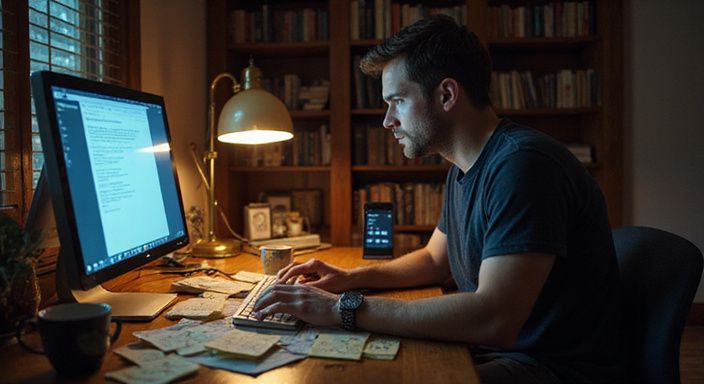 Een man zit nerveus achter een bureau met een computer. Een man zit nerveus achter een bureau met een computer.