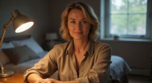 Een vrouw in haar vijftiger jaren is ontspannen tijdens een videogesprek