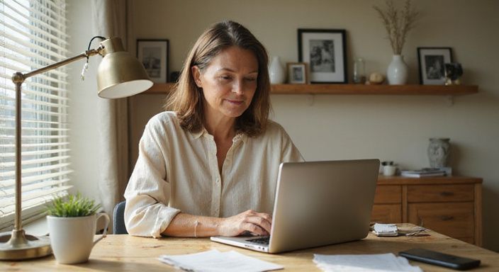 Een middelbare vrouw in een bescheiden thuiskantoor, gefocust op haar laptop. Een middelbare vrouw in een bescheiden thuiskantoor, gefocust op haar laptop.
