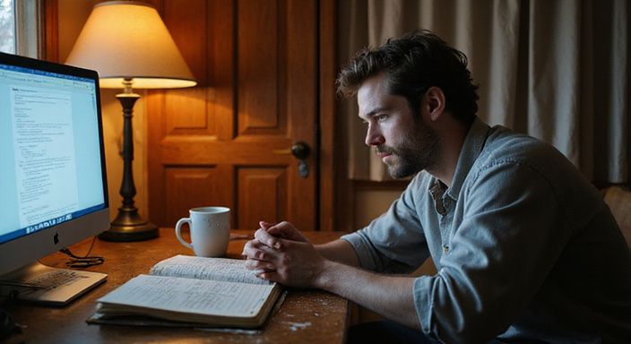 Een contemplatieve persoon zit achter een versleten bureau in een thuiskantoor. Een contemplatieve persoon zit achter een versleten bureau in een thuiskantoor.