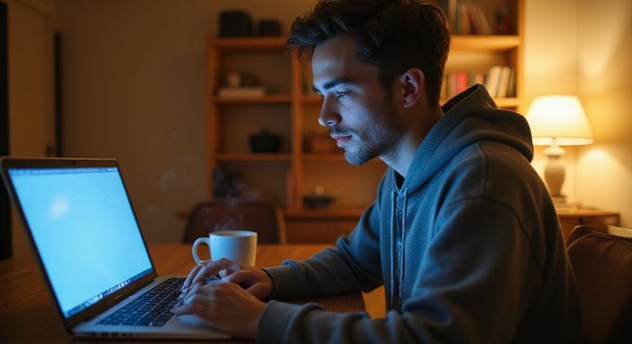 Een persoon in een hoodie werkt geconcentreerd aan een laptop. Een persoon in een hoodie werkt geconcentreerd aan een laptop.