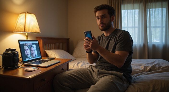 Een persoon in loungewear zit concentrerend op bed met smartphone. Een persoon in loungewear zit concentrerend op bed met smartphone en gaat sexchatten met oudere vrouwen.