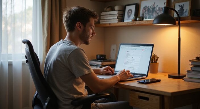 Een jonge man werkt geconcentreerd aan zijn laptop in een thuisbureau. Een jonge man werkt geconcentreerd aan zijn laptop in een thuisbureau en gaat sexchatten met oudere vrouwen.