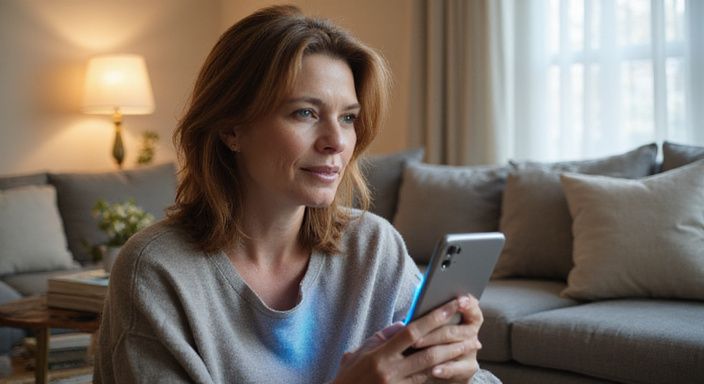 Een vrouw van in de 40, zittend op een moderne bank. Een vrouw van in de 40, zittend op een moderne bank.