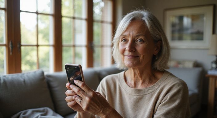 Een vrouw van in de zestig kijkt ontspannen naar haar smartphone. Een vrouw van in de zestig kijkt ontspannen naar haar smartphone.