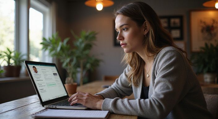 Een vrouw werkt geconcentreerd aan haar laptop in een thuis kantoor. Een vrouw werkt geconcentreerd aan haar laptop in een thuis kantoor en wil sexchatten met oudere vrouwen.